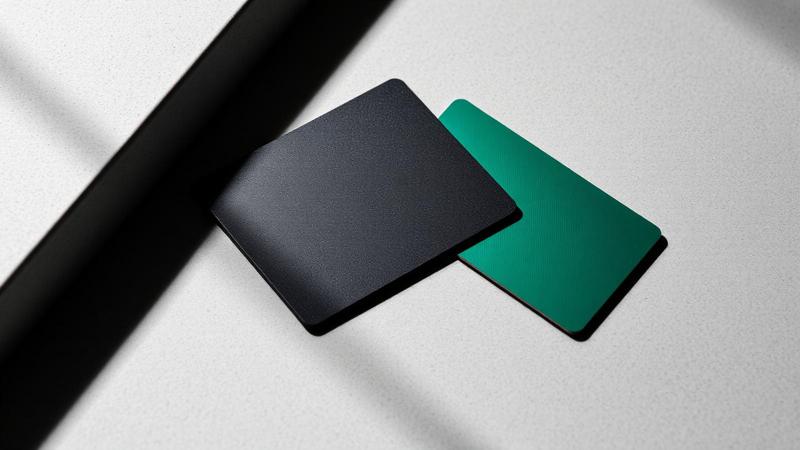 Two minimalist credit cards arranged diagonally on a concrete surface a clean visual for moving a balance to a 0% APR card.