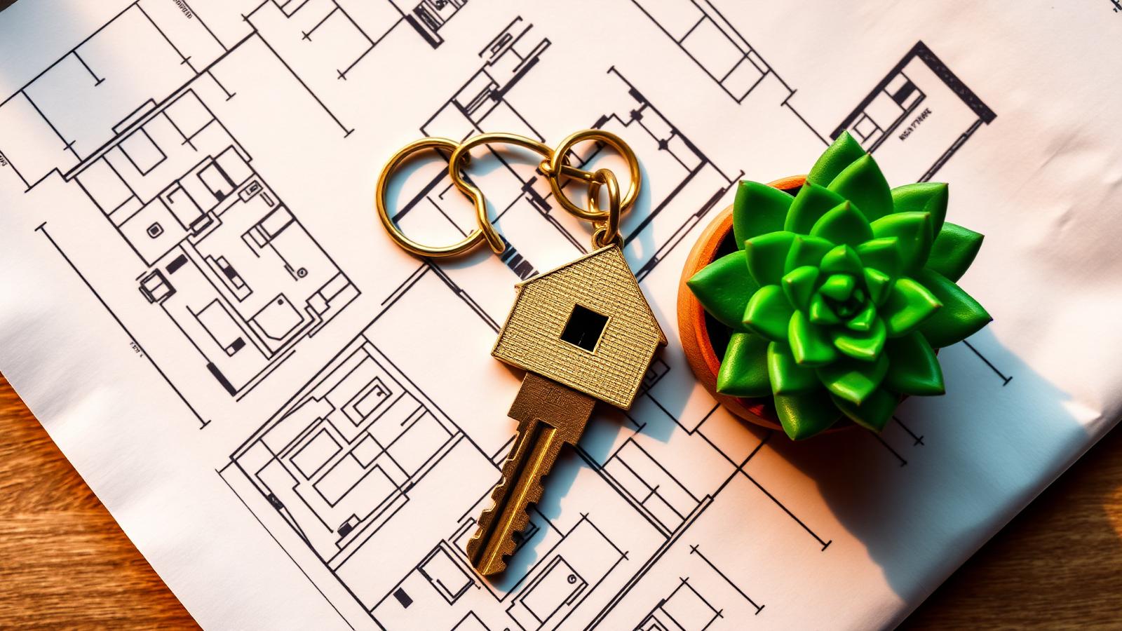 A brass house-shaped key resting on architectural blueprints a quiet symbol of the first-time homebuyer journey.