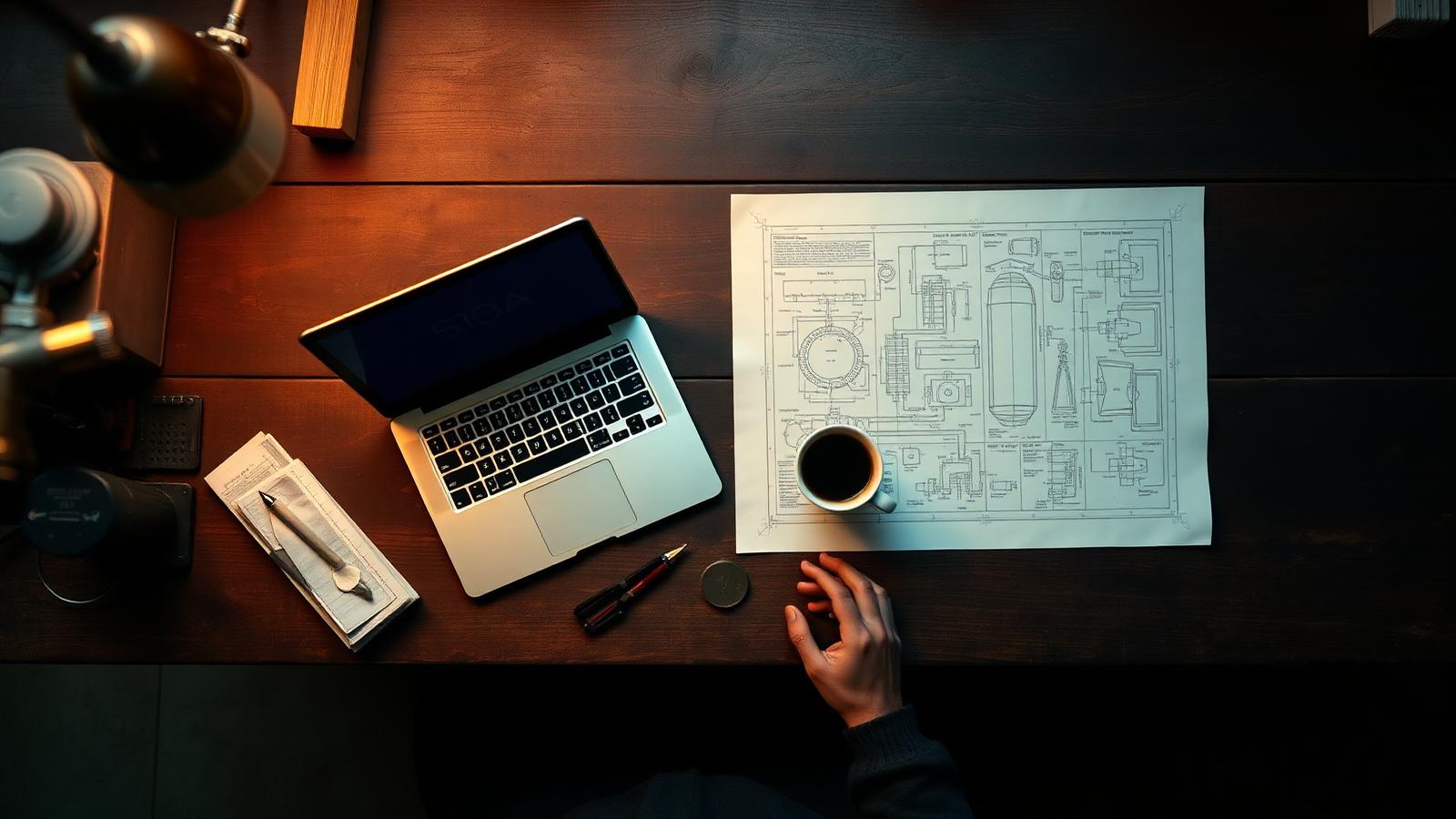 A small business owner's workbench with laptop, coffee, and engineering blueprint capturing the planning phase of an SBA-backed loan.